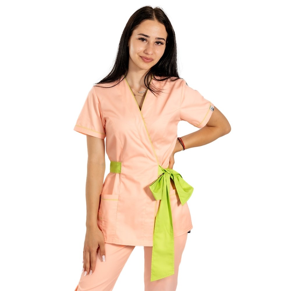 Kimono breskove barve z limetino obrobo in vrvico za vezanje