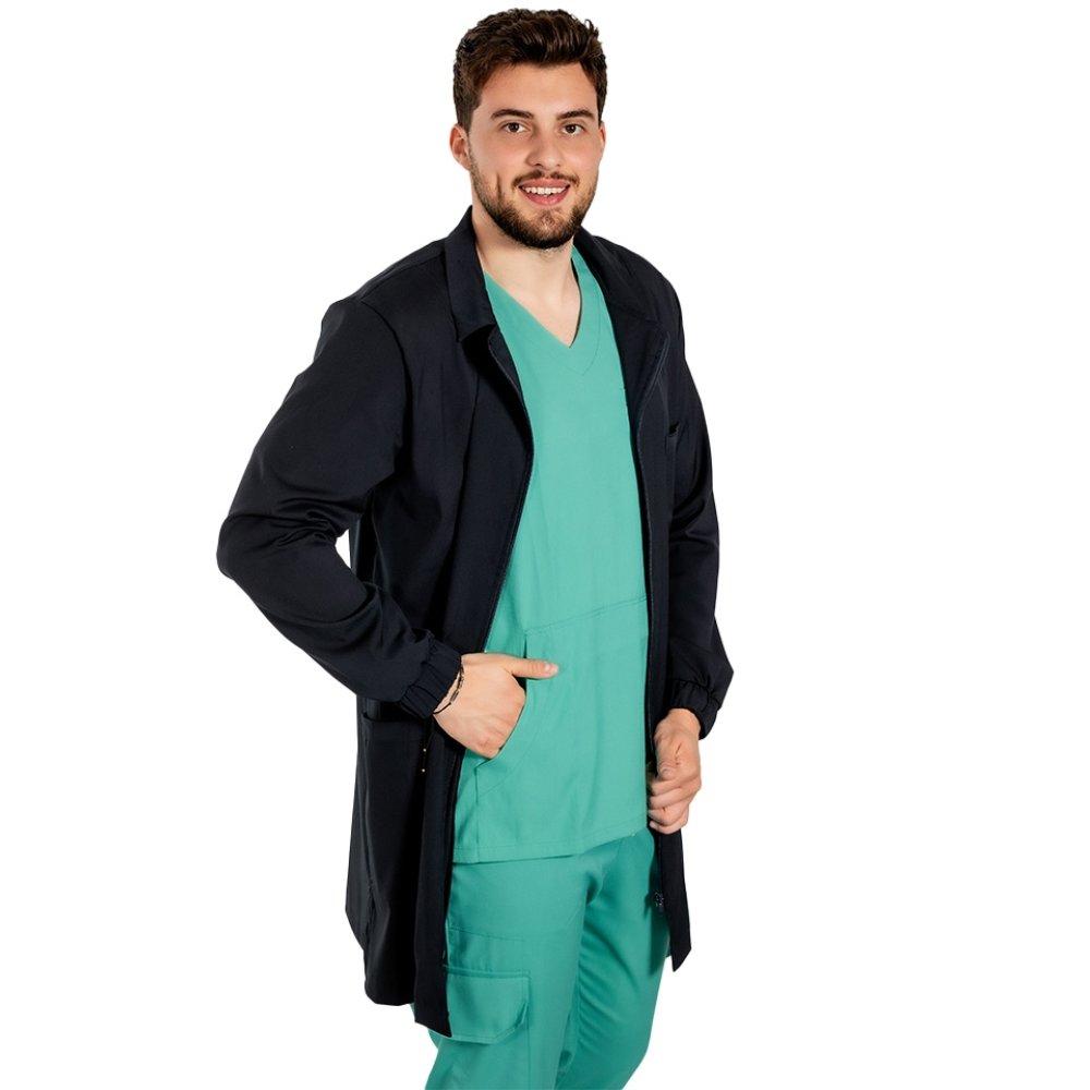 Temno moder medicinski laboratorijski plašč, moški model, z ovratnikom, tremi žepi in dolgimi rokavi