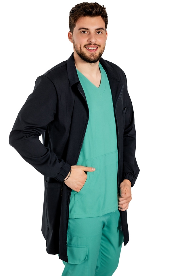 Temno moder medicinski laboratorijski plašč, moški model, z ovratnikom, tremi žepi in dolgimi rokavi