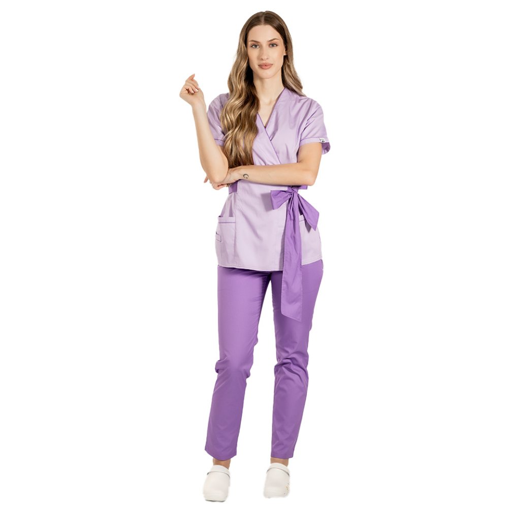 Lila kimono medicinska halja z vijoličnim robom in vrvico za metuljček