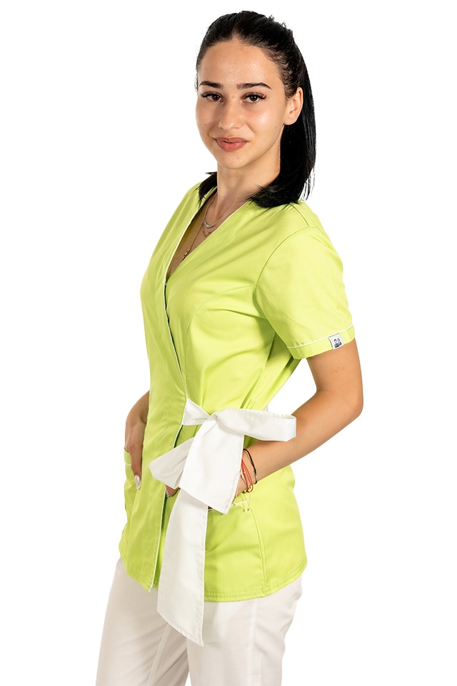Limetna kimono medicinska halja z belim robom in vrvico za metuljček