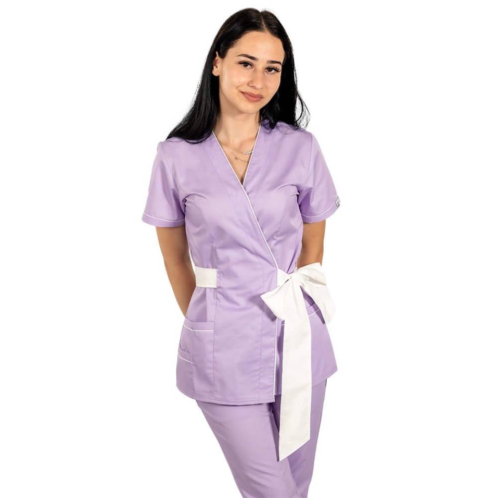 Lila kimono medicinska halja z belim robom in vrvico za metuljček