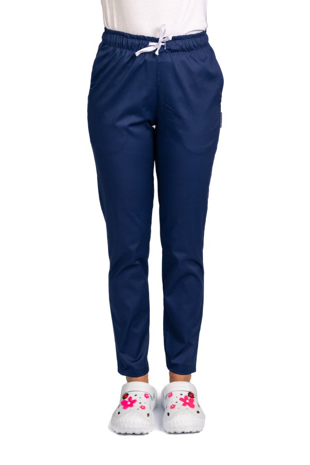 Mornarsko modre medicinske hlače z elastiko in dvema stranskima žepoma