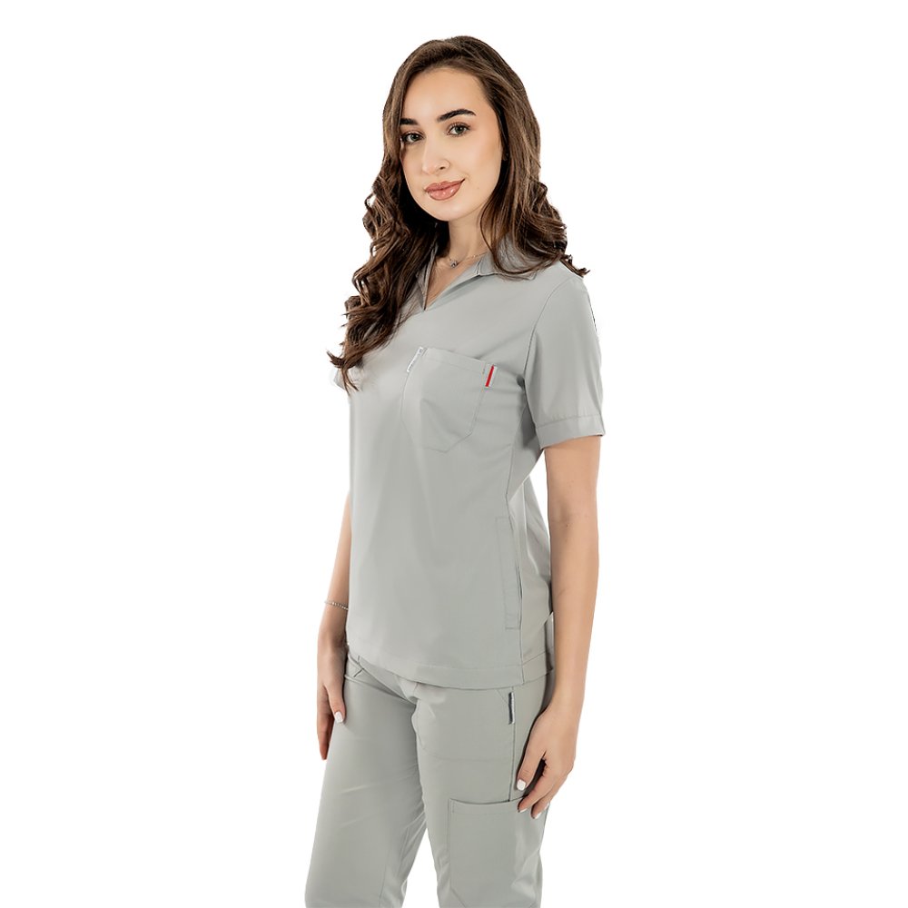 Siva raztegljiva polo medicinska obleka z bluzo z V-izrezom in hlačami za prosti čas, z vrvico za zategovanje in elastiko