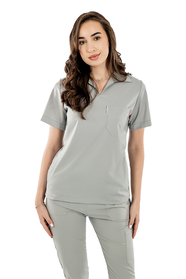 Siva raztegljiva polo medicinska obleka z bluzo z V-izrezom in hlačami za prosti čas, z vrvico za zategovanje in elastiko