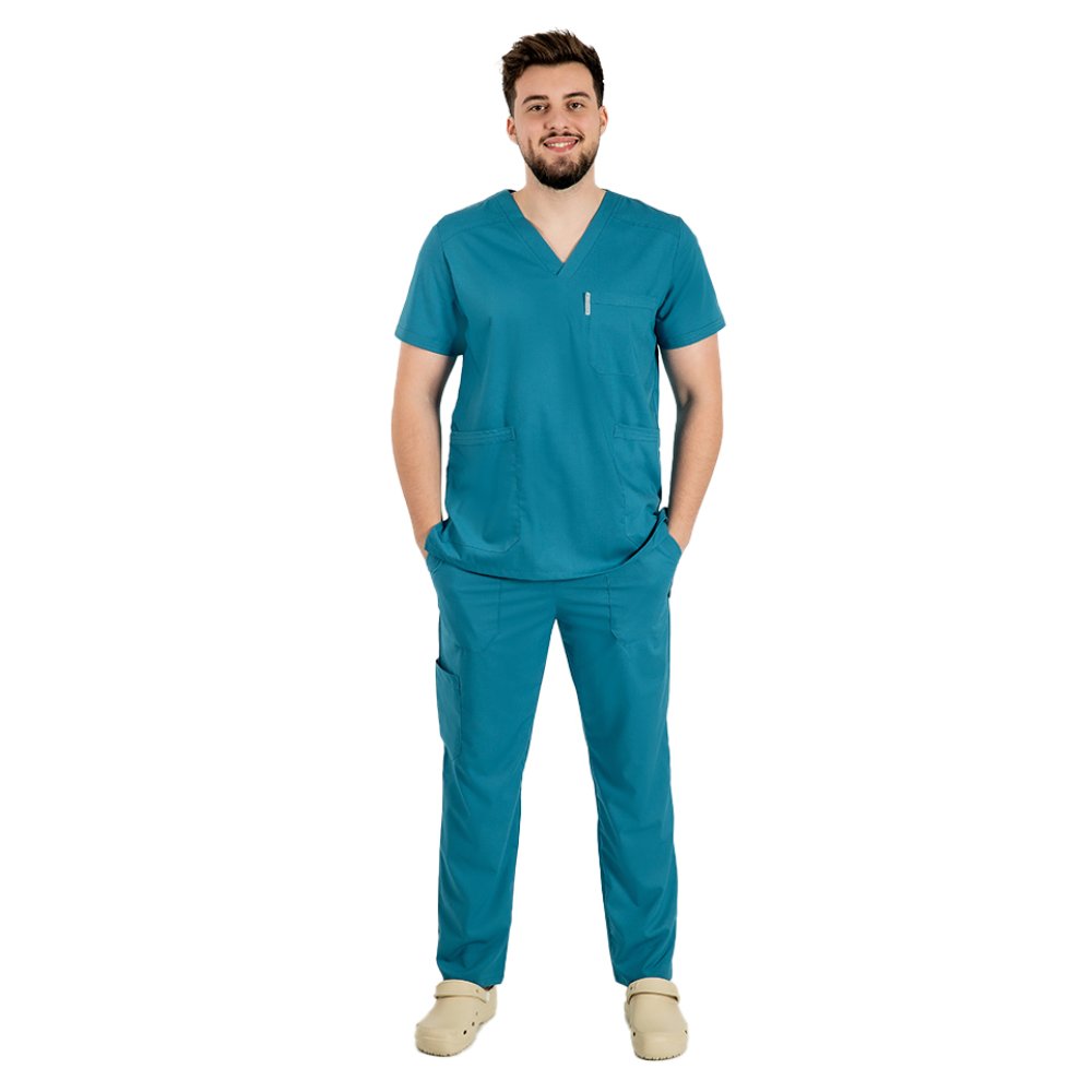 Moška medicinska obleka iz raztegljivega akvamarina z bluzo z V-izrezom, zategljivo vrvico in elastičnimi hlačami
