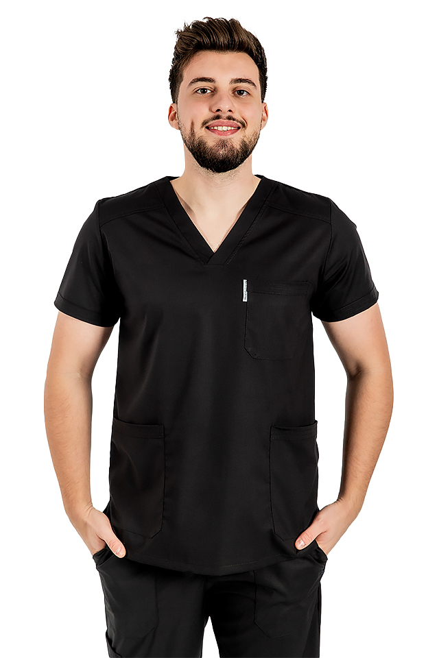 Moška črna raztegljiva medicinska obleka z bluzo z V-izrezom in zategovalno vrvico ter elastičnimi hlačami