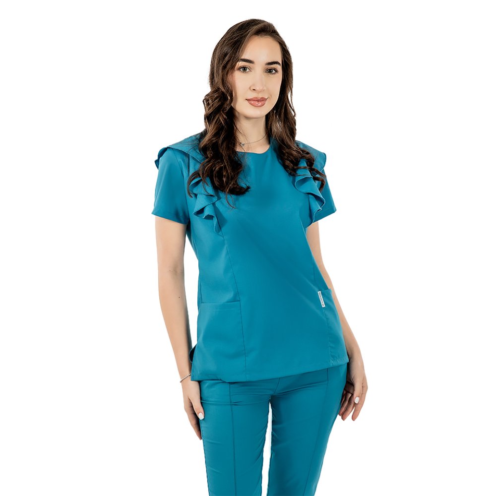 Raztegljiva medicinska obleka Cristina, akvamarinska barva, bluza z naborki in hlače z vrvico za zategovanje ter elastiko