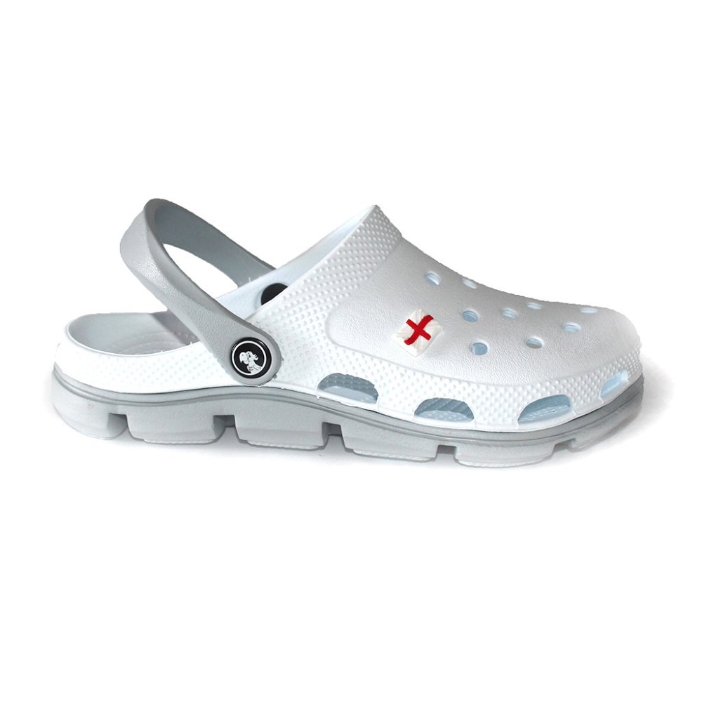 Beli in sivi profesionalni medicinski cokli iz EVA pene - unisex model, z apliciranimi detajli