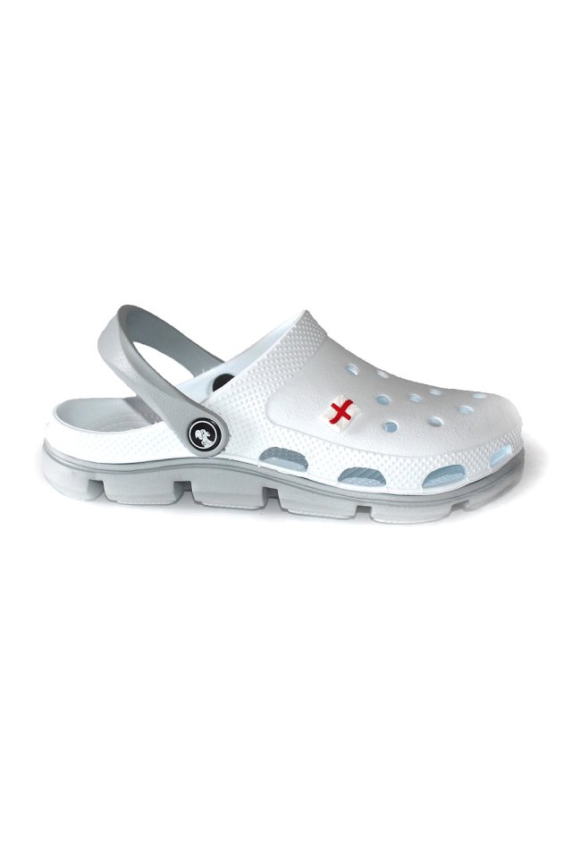 Beli in sivi profesionalni medicinski cokli iz EVA pene - unisex model, z apliciranimi detajli