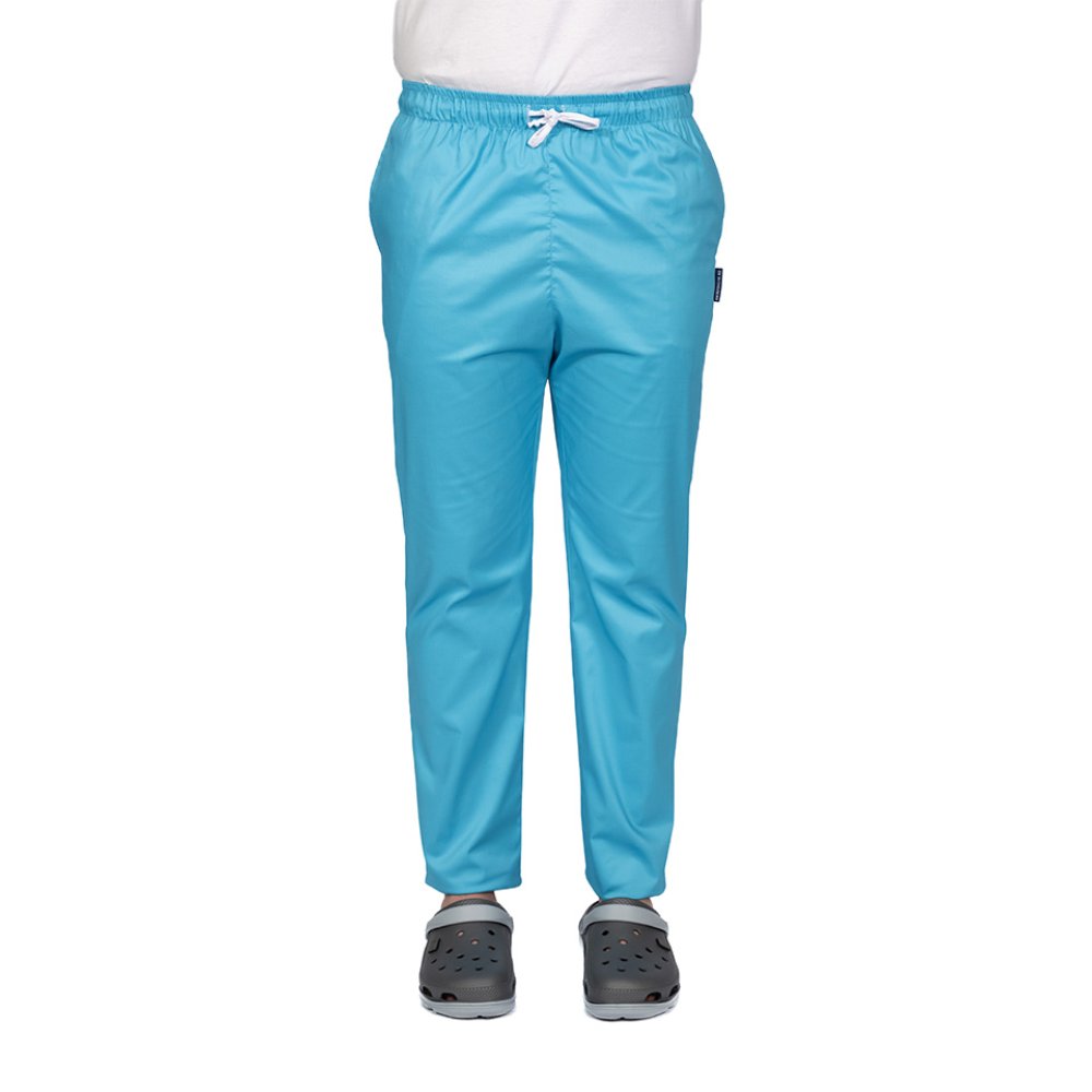 Moške medicinske hlače turkizne barve z elastanom, z vrvico za zategovanje v pasu in dvema stranskima žepoma
