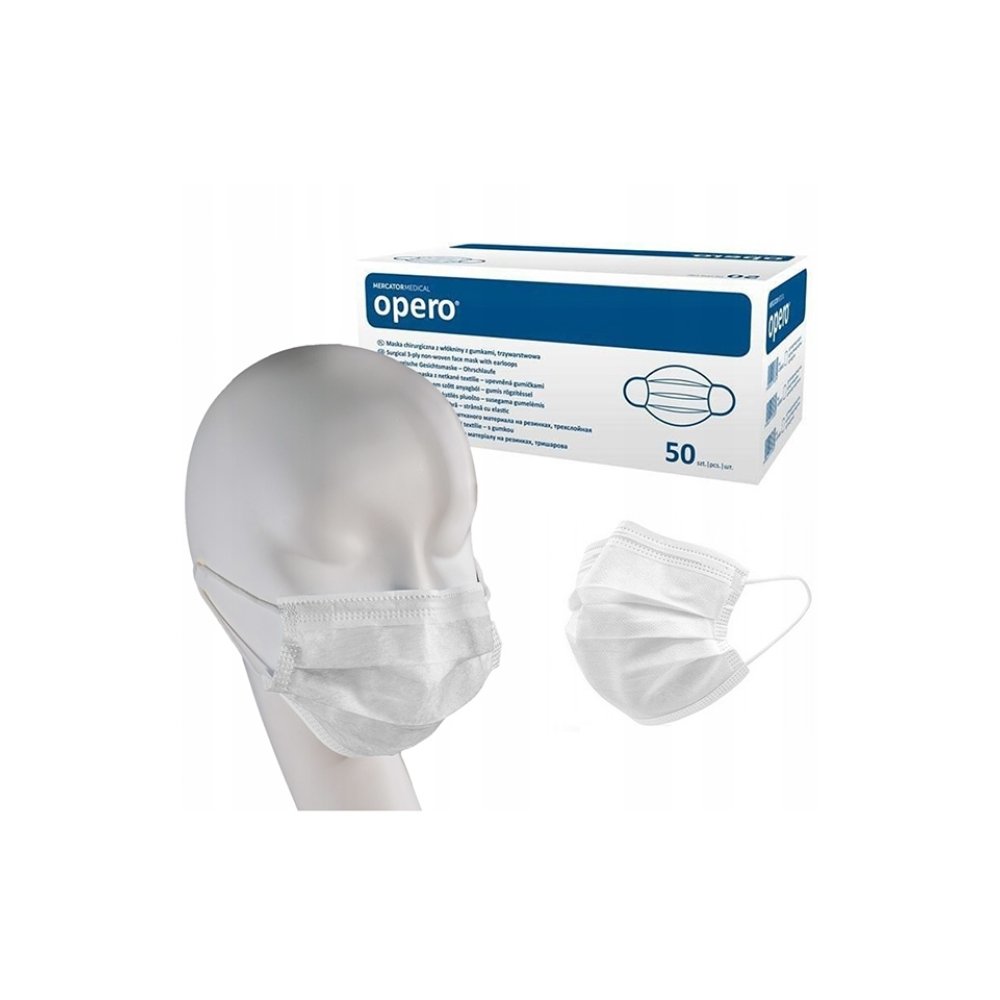Medicinske kirurške maske tipa IIR, 3-slojne, z elastiko, 50 kosov v škatli, bele barve Medicinske kirurške maske tipa IIR, 3-slojne, z elastiko, 50 kosov v škatli, bele barve
