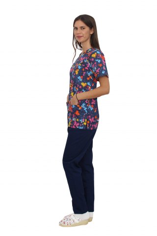 Medicinska obleka metulj, s tiskano bluzo in mornarsko modre palante z elastiko