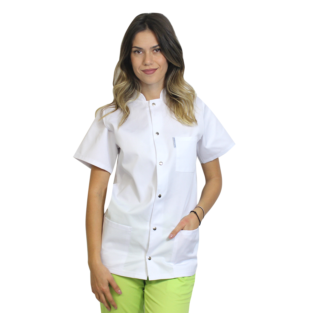 Ženska kuharska tunika, bela, preprosta s sponkami in kutmami rokavi