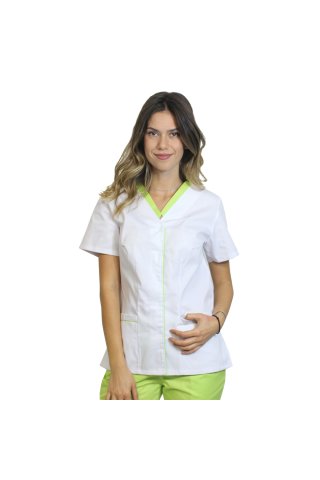 Medicinska obleka, sestavljena iz bele bluze z limetim paspolom in limetih hlač z elastiko