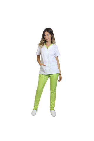 Medicinska obleka, sestavljena iz bele bluze z limetim paspolom in limetih hlač z elastiko