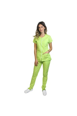 Lime medicinska obleka z ukrivljeno bluzo z zadrgo, tremi naloženimi žepi in elastičnimi hlačami limete barve