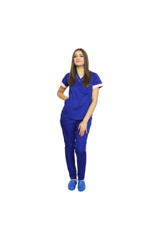 Medicinska obleka, sestavljena iz modre bluze s paspolom breskve in hlač, model Amani