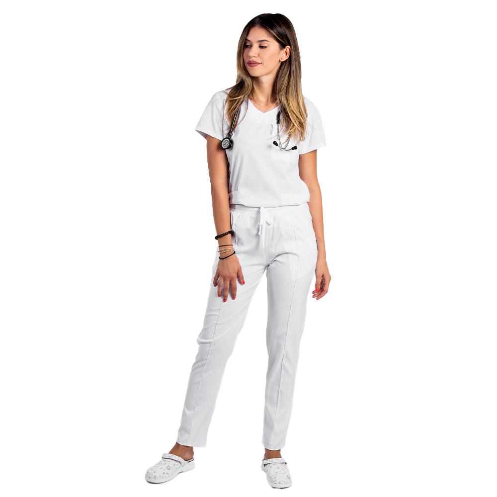 Bel raztegljiv medicinski kombinzon z bluzo z V-izrezom in hlačami z vrvico in elastiko