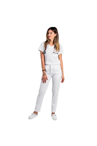 Bel raztegljiv medicinski kombinzon z bluzo z V-izrezom in hlačami z vrvico in elastiko