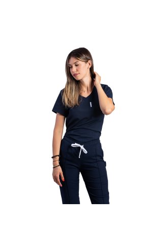 Mornarsko modra raztegljiva medicinska obleka z bluzo in V hlačah ter z vrvico in elastiko
