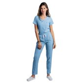 Pudrasto modra raztegljiva medicinska obleka z V bluzo in hlačami z vrvico in elastiko..