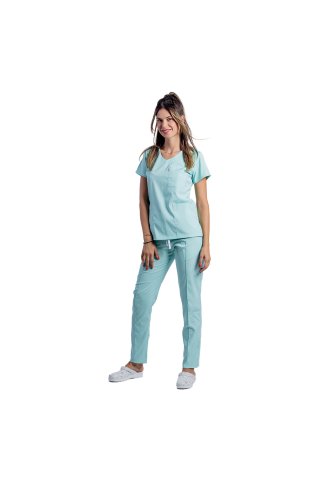 Mint raztegljiv medicnik kommenzon z V bluzo in hlačami z vrvico in elastiko