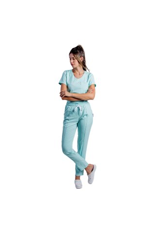 Mint raztegljiv medicnik kommenzon z V bluzo in hlačami z vrvico in elastiko