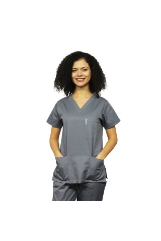 Siva medicinska obleka s sidrom v šorvi črve V v treh namestitvah žepi