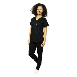 Črna medicinska obleka s sidrno bluzo v obri črne V in črnimi elastičnimi hlačami