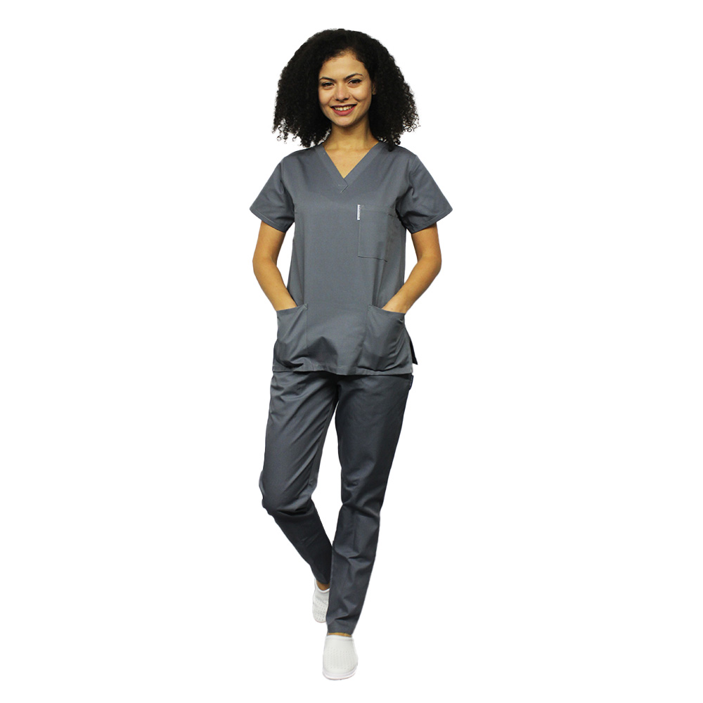 Medicinska obleka Siva, bluza z V izrezom, tričetrt dolžine v elastičnih hlačah