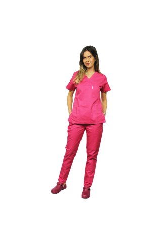 Medicinska obleka Cyklama, bluza z V ekrezom, hlače s tremi nogami na elastiko