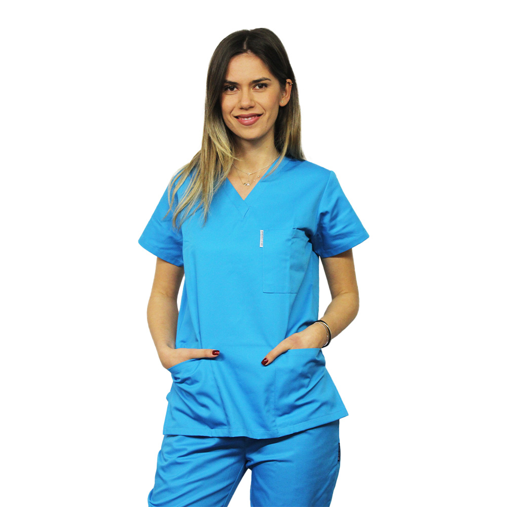 Turkizna medicinska obleka z V-sidrom v treh aplikacijah žepi
