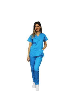 Turkizna medicinska obleka s sidrno bluzo v objemu tržube V in turkiznimi elastičnimi hlačami