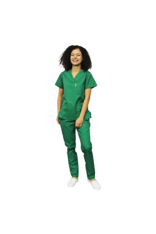 Travnato zelena medicinska obleka, bluza z V ekrezom, tričetrt důženje v elastičnih hlačah