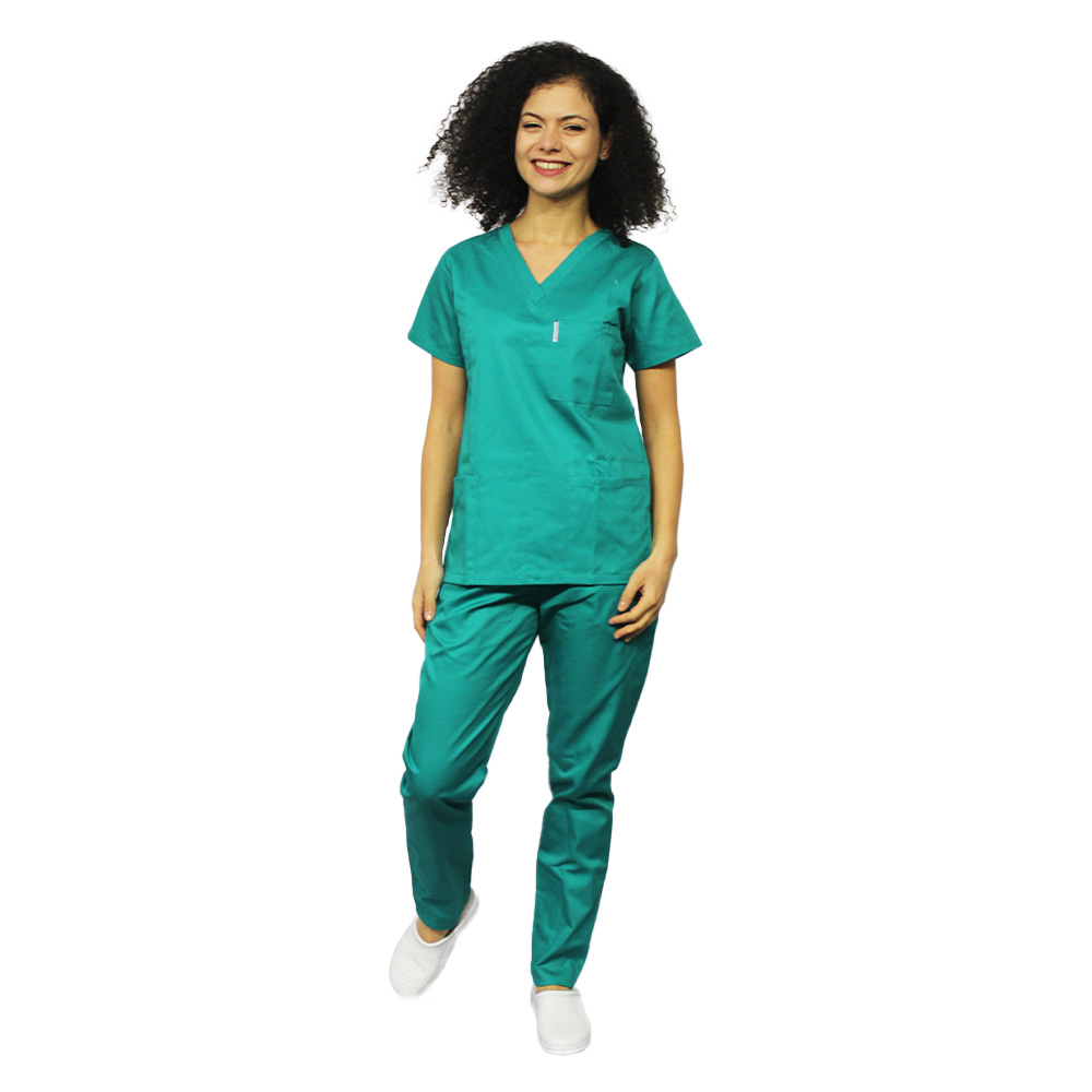 Kirurška zelena medicinska obleka, z bluzo z V-izrezom in kirurško zelenimi hlačami