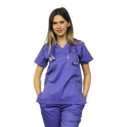 Vijolična medicinska obleka s sidrom v osvi črne V s tremi žepi