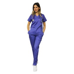 Vijolična medicinska obleka, bluza z V izrezom, tričetrt dolžine v elastičnih hlačah