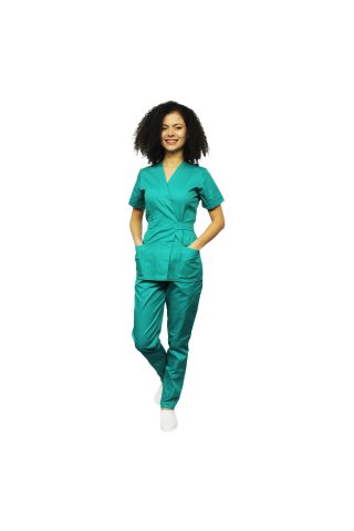 Kirurška zelena medicinska obleka, s kimono bluzo in elastičnimi hlačami