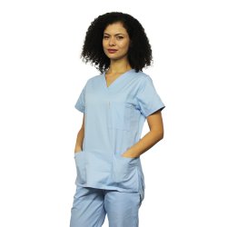 Modra medicinska obleka z V-sidrom v treh žepih