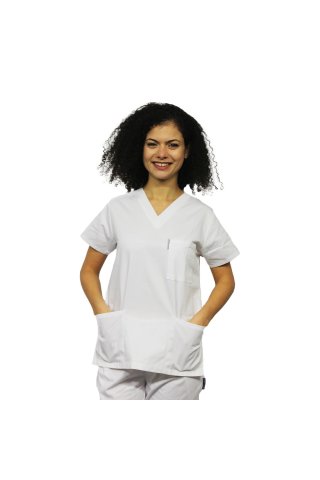 Bela medicinska obleka s sidrom v obrji črne V in tremi priloženimi žepi