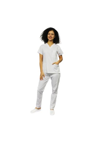 Bela medicinska obleka s sidrno bluzo v obri črne V in belimi elastičnimi hlačami