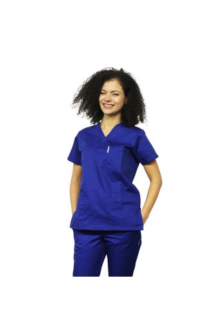 Modra medicinska obleka, bluza z V izrezom, tričetrt dolžine v elastičnih hlačah.