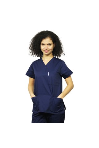 Mornarska medicinska obleka, bluza z V izrezom, tričetrt rokavi v hlačah na elastiko.