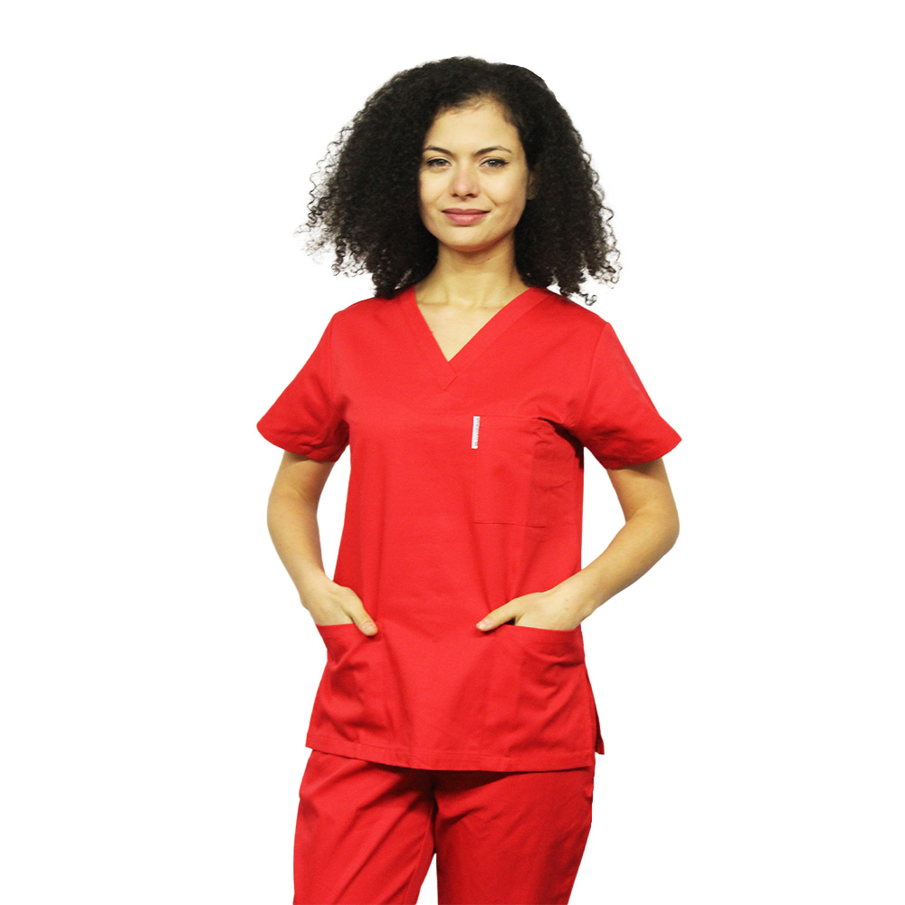 Rdeča medicinska obleka s sidrom v obriči črne V in three žepi installations