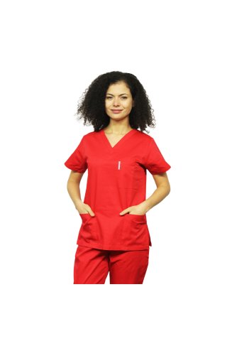 Rdeča medicinska obleka s sidrom v obriči črne V in three žepi installations