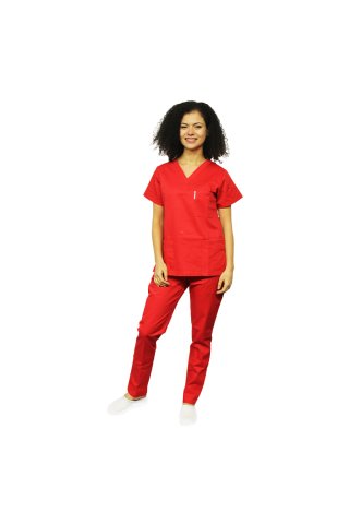 Rdeča zdravniška obleka, bluza z V izrezom, tričetrt dolžine v elastičnih hlačah