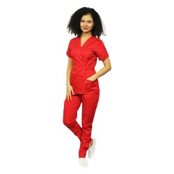 Rdeča medicinska obleka, s kimono bluzo in rdeče hlače z elastiko