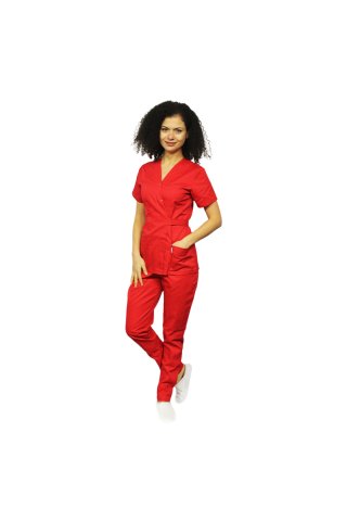 Rdeča medicinska obleka, s kimono bluzo in rdeče hlače z elastiko