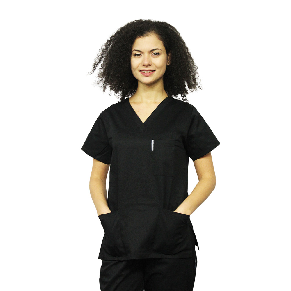 Črna medicinska obleka s sidrom v obri črne V in three žepi installations